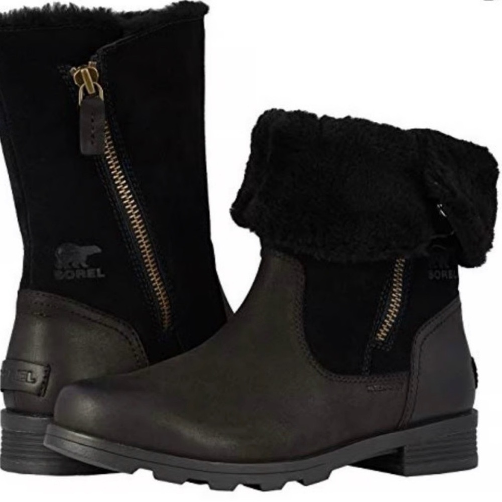 Sorel | Emelie | Foldover Boot | Leather/Suede|Faux Fur Lined| Black | Size 6